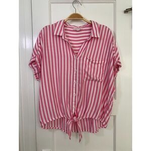 BEACH LUNCH LOUNGE / Pink White Candy Stripe Tie Waist Cabana Blouse / Size L